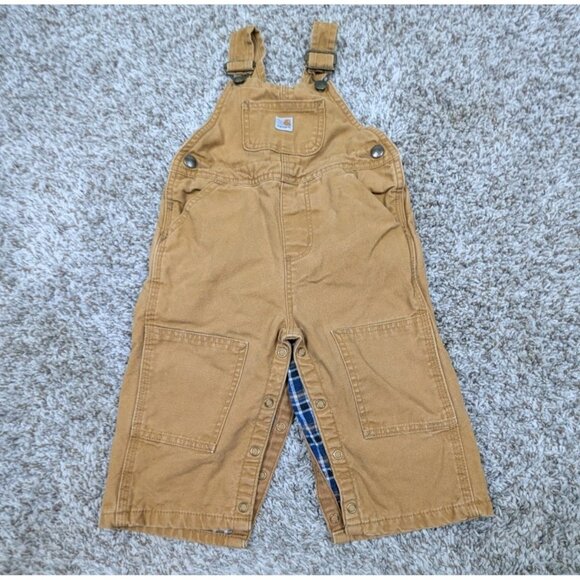 Carhartt Baby Bib Overalls Double Knee Size 12M Months Brown Snap Closure Canvas - Picture 1 of 9